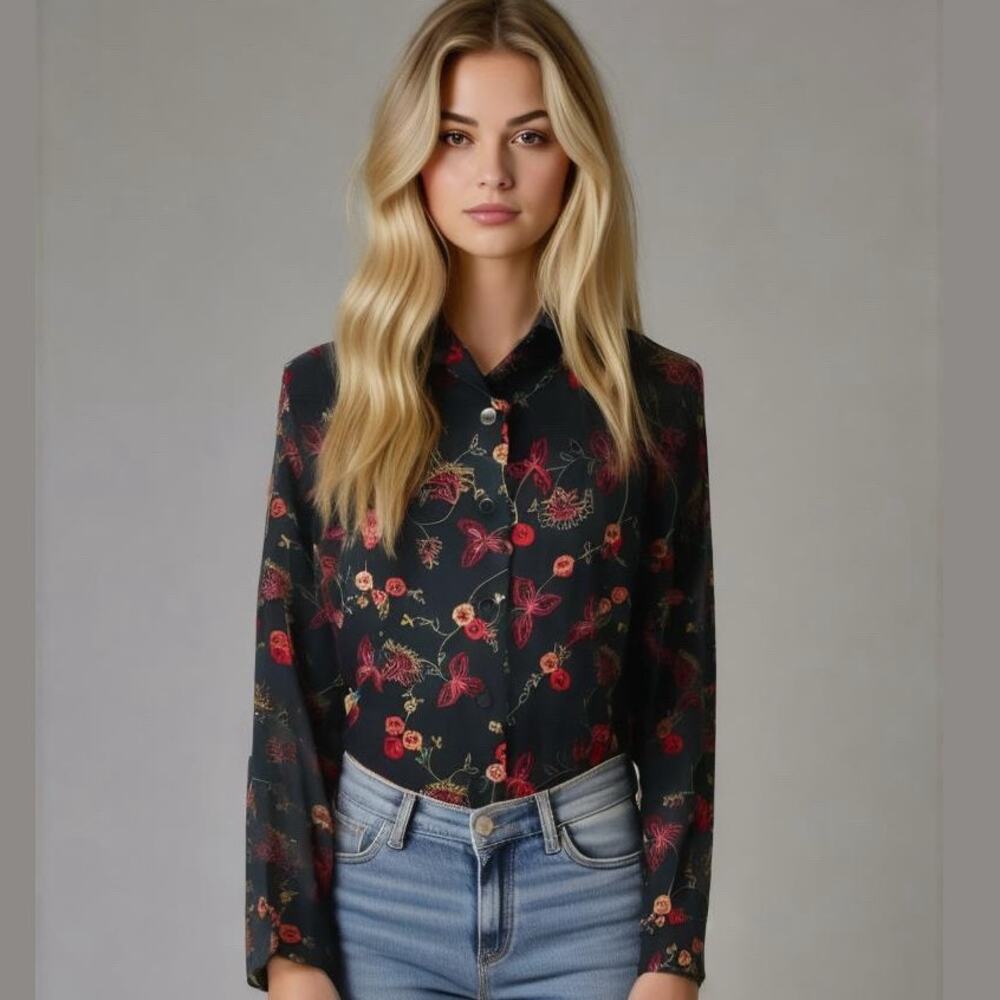 SILKLAND Black Embroidered Red Gold Floral Silk Long Sleeve Button Up Blouse 8P
